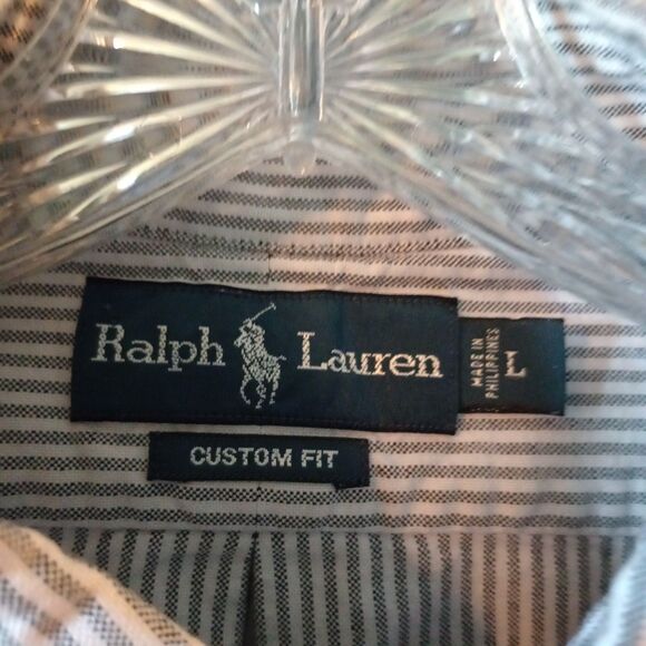 Ralph Lauren Men's Custom Fit Gray White Stripe Button Down Size L Brown Pony. - Picture 4 of 8